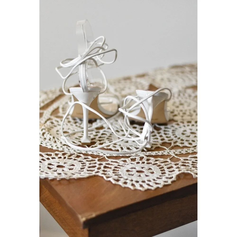 B2X Women‎ White Lace Up Strappy Square Toe Stiletto High Heel Sandals Size 7.5